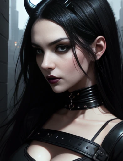 a woman with black hair and horns is posing for a picture, artgerm and tom bagshaw, seductive cyberpunk dark fantasy, portrait of a goth catgirl, artstyle tom bagshaw, dark fantasy mixed with realism, gothic fantasy art, in the style artgerm, gothic art style, beautiful vampire queen, deviantart artstation cgscosiety