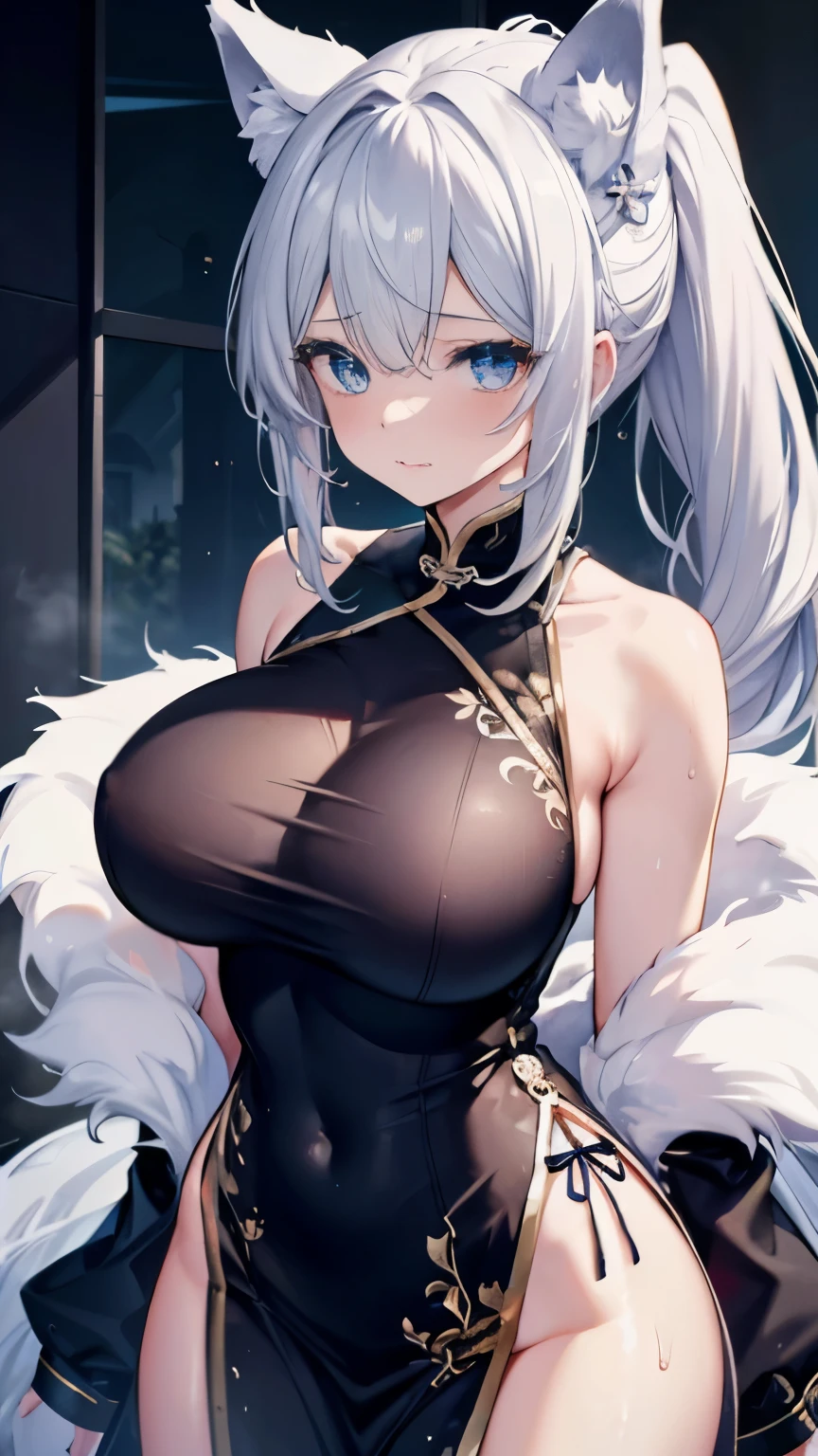 4K,High resolution,one woman,silver hair,short ponytail,wolf ears,wolf tail,blue eyes,big breasts,tits,empress,fur,show your shoulders,wet with sweat,China dress,