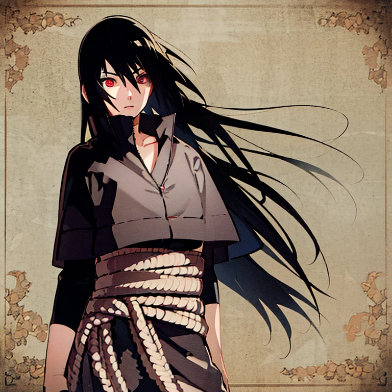 masterpiece, best quality, Super detailed, illustration, Uchiha sasuke，Black-haired, black-eyed transvestite，eyes empty，Long hair and waist，straight hair