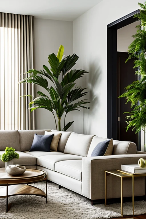 Modern living room with luxurious lighting around the room, urban jungle style plants decorate the room, luxurious and modern furniture, mesa de centro com artesanato, forro de gesso, paredes brancas, grande janelas de vidro, cortinas semi abertas, Tv, Quadros modernos, vases with dry branches are decorating the corners of the room. Elegante
e luxuoso tapete,