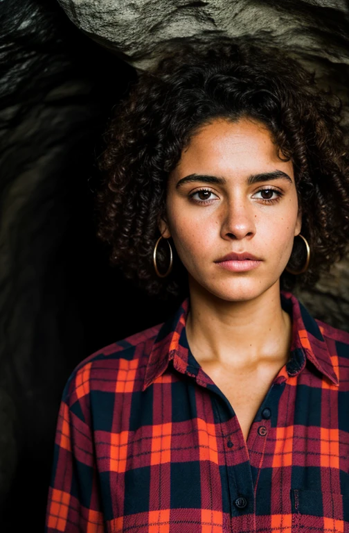 photograph of a woman, (troubled facial expression), textured skin, goosebumps, afro hair, plaid flannel shirt jeans, cowboy shot, dark and mysterious cave with unique rock formations and hidden wonders, perfect eyes,