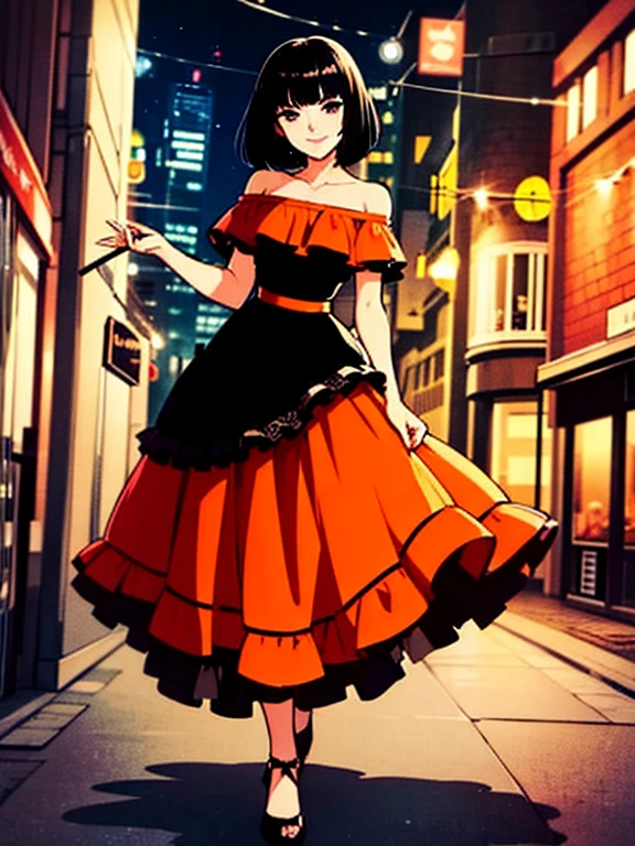 1 girl, , Black hair, Short black hair, Medium Hair, Bob Hair, Black eyes, off shoulder dress, orange ruffle off the shoulder top, long black skirt, Flamenco Dress, Flamenco dancer, Smile, standing up, looking at viewer, the city street, Sexy, nighttime, masterpiece, High quality, headshot portrait,