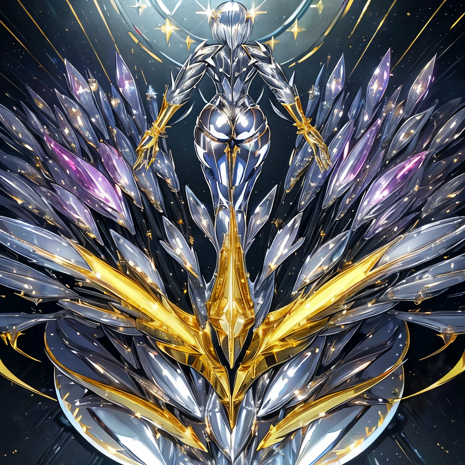 best quality, 32k, RAW photo, incredibly absurdres, extremely detailed, 3D, fantasy, spear and shield, made of (shiny chrome plated, shiny gold plated, shiny silver plated:1.9), ruby, pink sapphire, blue topaz, emerald, amethyst, diamond, crystal, rainbow moonstone, white opal, background ruins, iridescent colors neon line light, delicate, flashy and dynamic depiction, professional lighting