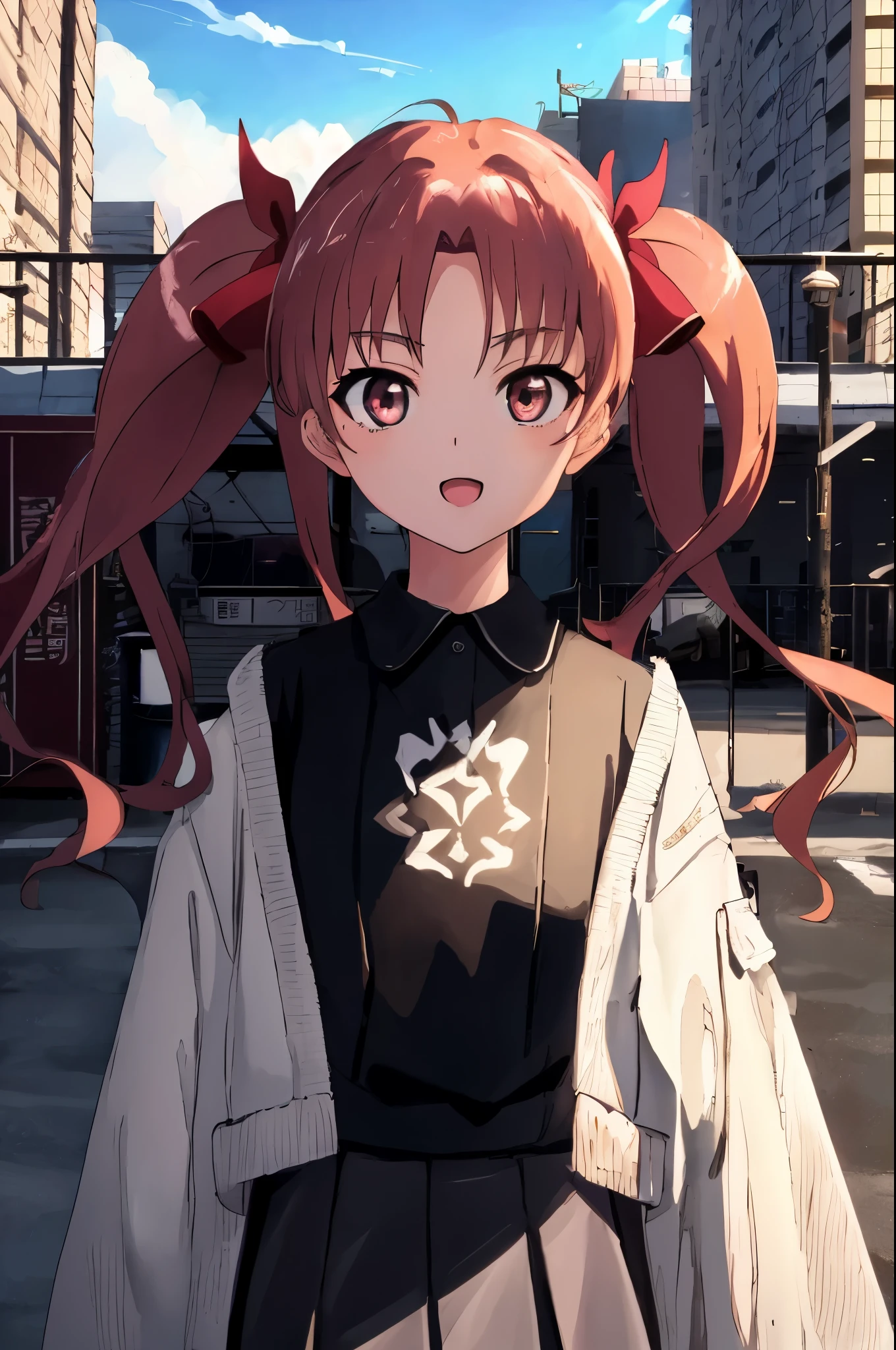 masterpiece, highest quality, 8K, 超High resolution, highest quality, anime style, best writing, beautiful face, masterpiece, highest quality, High resolution, 1 hair ribbon for girls, black shirt, White fur coat, gray knit skirt, In front of the station, (wave hands:1.2), cowboy shot, clear sky