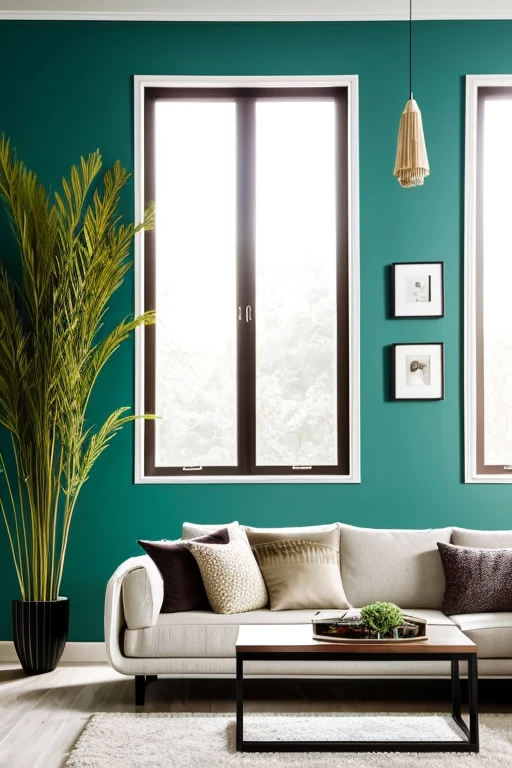 Modern living room with luxurious lighting around the room, urban jungle style plants decorate the room, luxurious and modern furniture, mesa de centro com artesanato, forro de gesso, paredes brancas, grande janelas de vidro, cortinas semi abertas, Tv, Quadros modernos, vases with dry branches are decorating the corners of the room. Elegante
e luxuoso tapete,