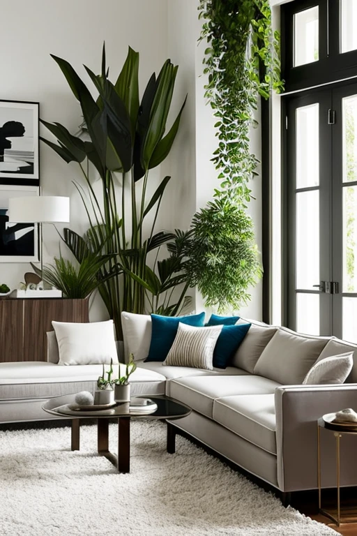 Modern living room with luxurious lighting around the room, urban jungle style plants decorate the room, luxurious and modern furniture, mesa de centro com artesanato, forro de gesso, paredes brancas, grande janelas de vidro, cortinas semi abertas, Tv, Quadros modernos, vases with dry branches are decorating the corners of the room. Elegante
e luxuoso tapete,