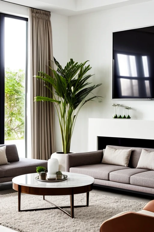 Modern living room with luxurious lighting around the room, urban jungle style plants decorate the room, luxurious and modern furniture, mesa de centro com artesanato, forro de gesso, paredes brancas, grande janelas de vidro, cortinas semi abertas, Tv, Quadros modernos, vases with dry branches are decorating the corners of the room. Elegante
e luxuoso tapete,