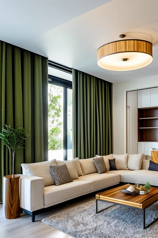 Modern living room with luxurious lighting around the room, urban jungle style plants decorate the room, luxurious and modern furniture, mesa de centro com artesanato, forro de gesso, paredes brancas, grande janelas de vidro, cortinas semi abertas, Tv, Quadros modernos, vases with dry branches are decorating the corners of the room. Elegante
e luxuoso tapete,