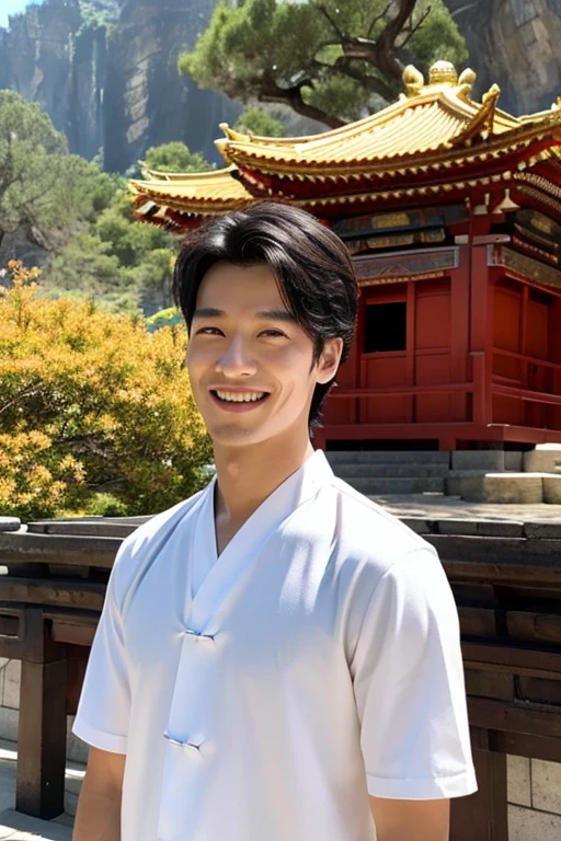 A handsome man standing in front of the Dragon God、hall々He is smiling with a calm attitude.。His hair flutters in the wind、In the background is the temple of the dragon god.。Light penetrates、shining on his skin。He felt the pride of being a servant of the Dragon God.、I am about to fulfill my mission in a sacred place.。


