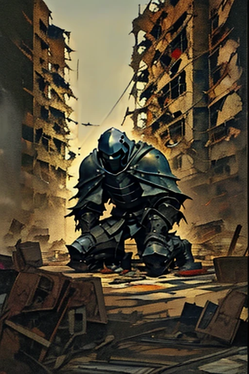 A knight kneeling in rubble