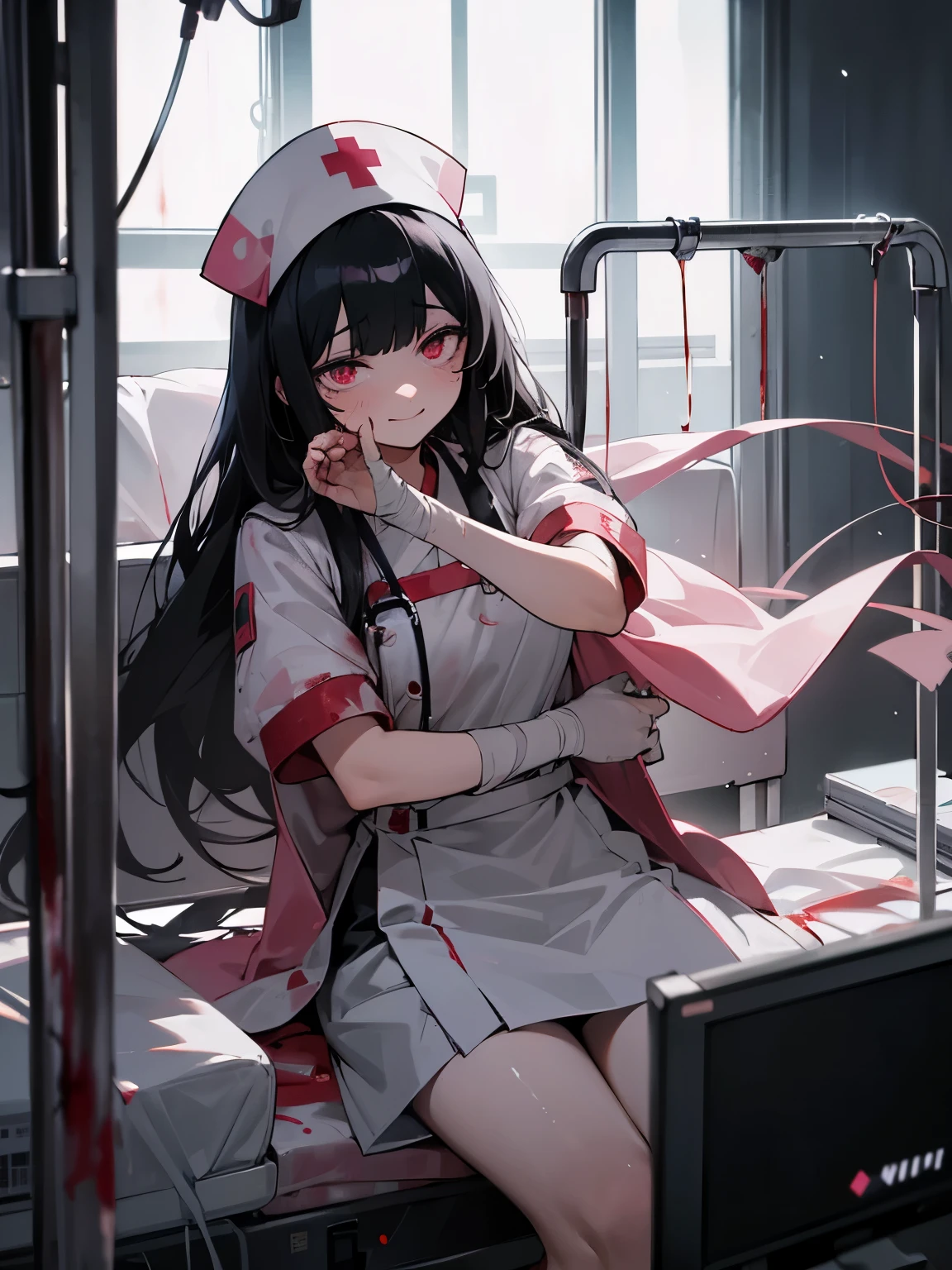 Blood droplets、blood、Internal organs、hospital、白と黒のnurse uniform、Bandages on both arms、Bandage on the leg、have a knife、cadaver、impatient face、be bothered、panic、hospitalの中、hospital room、desolation、window、black hair、pink eyes、long hairBlood droplets、blood、Internal organs、hospital、long hair、Let your hair down、disheveled hair、20-year-old、anxiety、panic、black and white short skirt、nurse uniform、aldult、kind、Blood droplets、short bangs、adult、shy smile、黒と白のnurse uniform、panic、troubled face