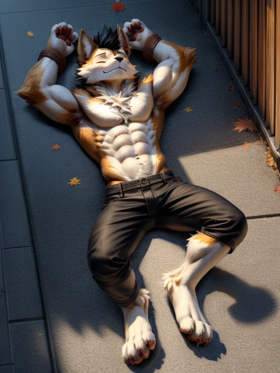 Draw a Seth after school in Tokyo,fall down,Be extremely hurt,Age is about ,Lying on the ground in a big shape,eyes closed,Red liquid leaking from the corner of the mouth,Be bound hand ,Be bound paws,Naked torso and paws,Wearing black trousers on the lower body,Have 6 pack abs and chest muscles,full body picture,Including the body and limbs are all in the picture,legs straight,Arms droop naturally,Spread your hands naturally,furry art, animal art,masterpiece,best quality,Very detailed