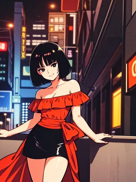 1 girl, teenage, black hair, short black hair, medium hair, bob hair, black eyes, off shoulder dress, orange ruffle off the shou...