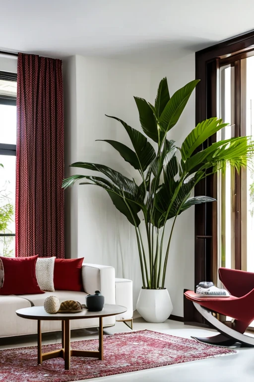 very hairy white Akita dog with red bandana around the neck, interacting with Modern living room with luxurious lighting around the room plants in the urban jungle style decorate the room, luxurious and modern furniture, mesa de centro com artesanato, forro de gesso, paredes brancas, grande janelas de vidro, cortinas semi abertas, Tv, Quadros modernos, vases with dry branches are decorating the corners of the room. Elegante
 e luxuoso tapete,