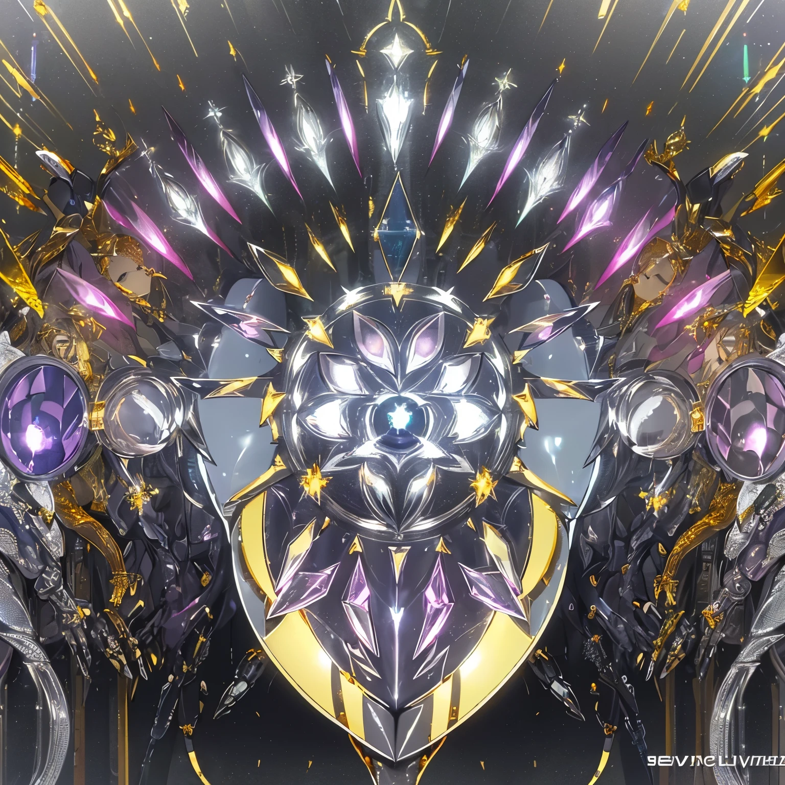 best quality, 32k, RAW photo, incredibly absurdres, extremely detailed, 3D, fantasy, knight's shield made of ((material, iridescent, shiny (chrome plated, shiny gold plated, shiny silver plated:1.8), ruby, pink sapphire, blue topaz, emerald, amethyst, diamond, crystal, rainbow moonstone, white opal)) on display, background iridescent colors neon line light with swirly gradation, delicate, flashy and dynamic depiction, professional lighting