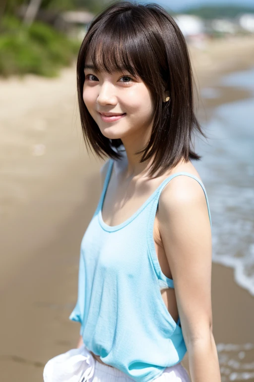 beach,An innocent Japanese beautiful girl standing on the sandy beach, high ager, Height: 155cm, bust 79cm, Waist 55cm, Hips 90cm, barefoot, standing tall on the sandy beach, Shot straight ahead, photo from the knees up, Camera is at waist height, standing position, elongated facial contour, Smile a little,sharp cheeks, round chin, clean nose, looking at the camera, thin cheeks, round chin, long eyes, beautiful eyes, black eyes, bob cut hair, brown hair, A white tank top with large light blue polka dots, Short fluttering white miniskirt