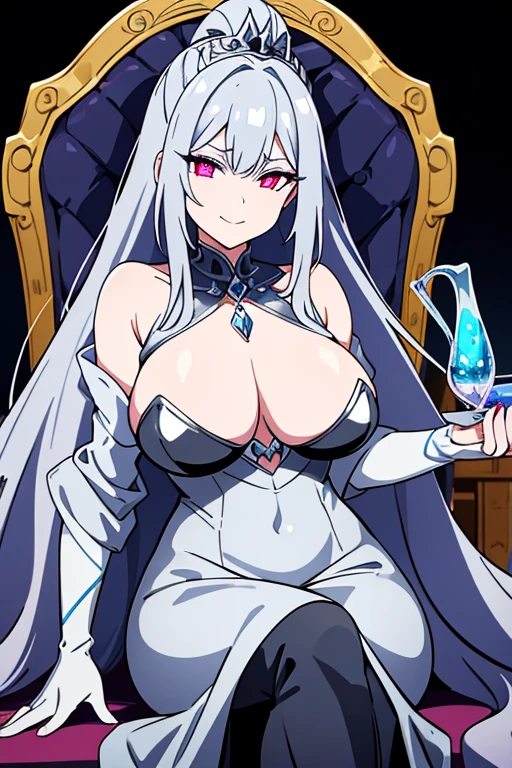 silver slime queen, long Mid gray pony tail, Gray Chateau skin and face, evil look, sinister smile, Pink eyes, Mid gray crown with fiery pink jewel on center of crown, long black gloves, Mid gray slime tail. silver slime nipples exposed, Silver slime vagina exposed, silver slime dripping from body, sitting on throne.