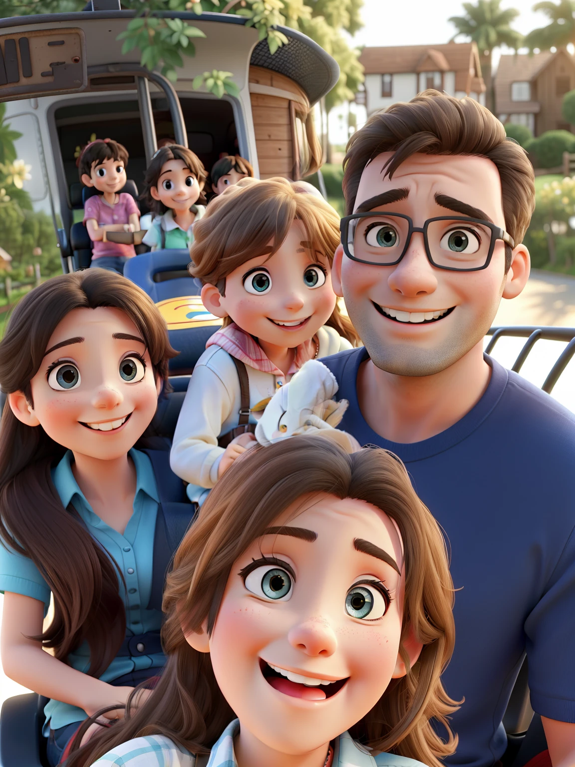 A happy family on a ride. The mother in front, The father with the girl and a teenager behind.