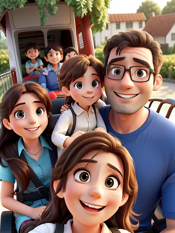 A happy family on a ride. The mother in front, The father with the girl and a teenager behind.