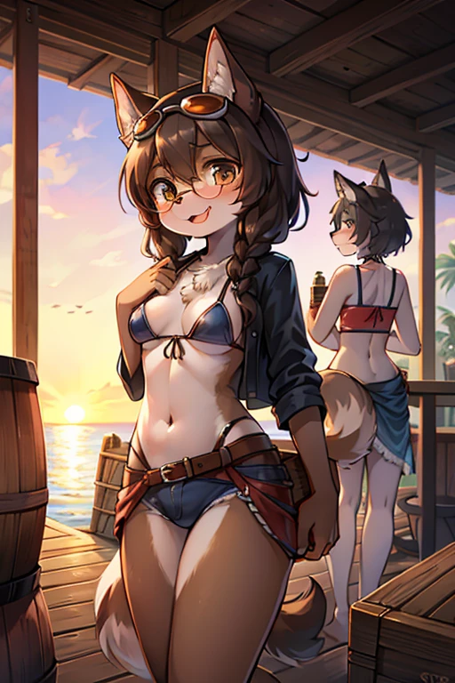 furry female, open_shirt bikini_top small_breasts skinny canine dog glasses circle_glasses female floppy_ears spaniel 3girls sailing on boat dog_ears black_hair brown_fur curly_hair anthro tropical island cabana rays_of_light daisy_dukes ripped_clothes fluffy_tail goggles standing pose wooden crate standing one leg on crate standing in front of a stack of wood barrels cargo_hold pirate_ship holding rum bottle sunset tongue_out tool_belt feline cat_girl grey_tabby sarong