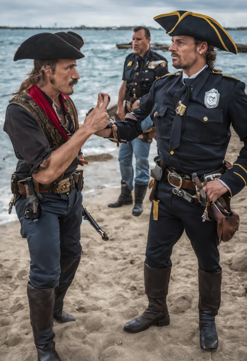 a scenario where a modern-day police officer is apprehending a pirate, inspired by 'Pirates of the Caribbean.' Ensure equal focus on both characters, highlighting the police officer's contemporary uniform and equipment, as well as the pirate's unmistakable pirate attire and features
