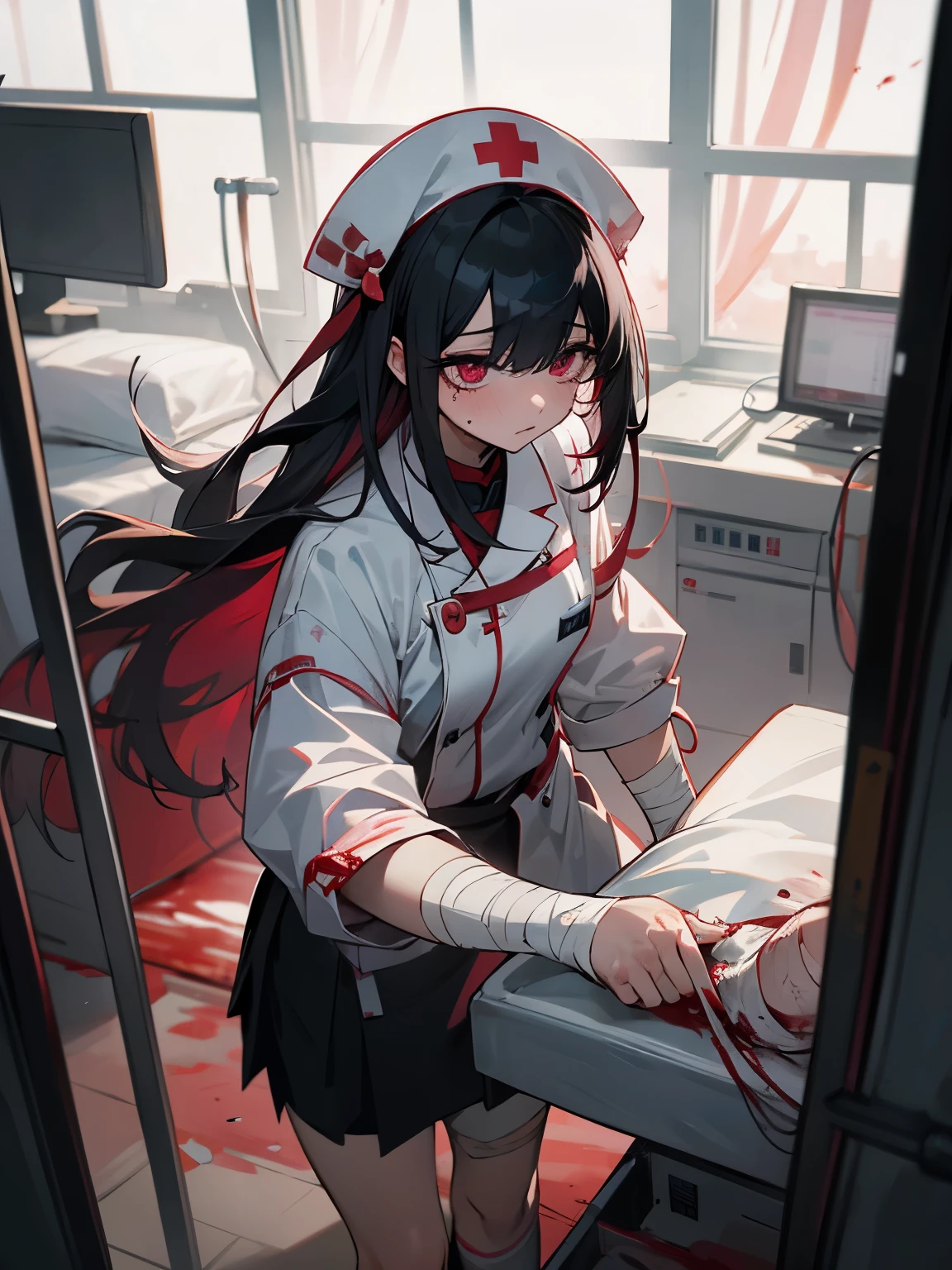 Blood飛沫、Blood液、Internal organs、hospital、白と黒のnurse uniform、Bandages on both arms、Bandage on the leg、have a knife、cadaver、impatient face、be bothered、panic、hospitalの中、hospital room、desolation、window、black hair、pink eyes、long hairBlood飛沫、Blood液、Internal organs、hospital、long hair、Let your hair down、disheveled hair、20-year-old、anxiety、panic、black and white short skirt、nurse uniform、aldult、kind、Blood飛沫、short bangs、adult、黒と白のnurse uniform、panic、troubled face、Internal organs、Blood、hospital、ruins、window、Nurse hat、Internal organsを持つ