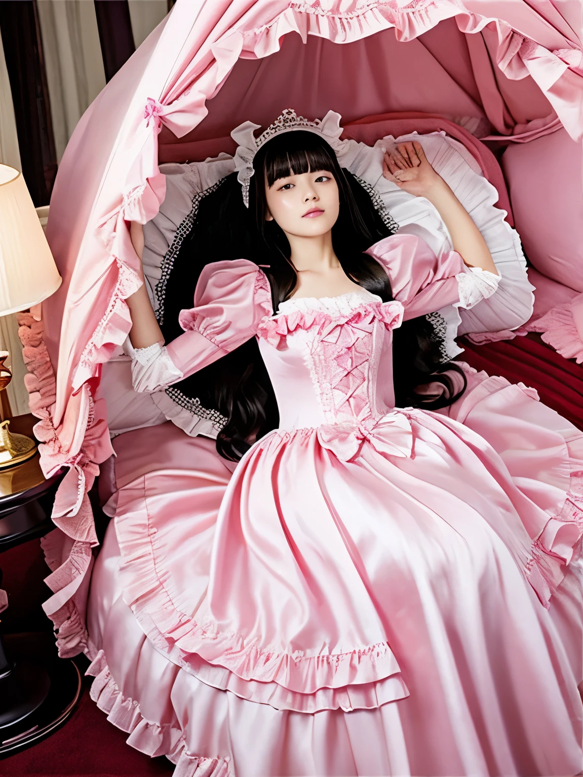 highest quality, masterpiece, highest resolution, artwork, super それにget used to it, many get used to it, get used to it, それにget used to it,(Loli),Child Girl, 10 years old,the girl is a princess,((girly dark pink satin fabric)), Long hair that reaches to the waist,((A Victorian ballgown dress with plenty of pink ruffles and bows and a voluminous full-length hoop skirt.)),long sleeve,((long dress that covers your legs)),A dress with lots of frills and ribbons..,luxury,((Palace bedroom)),((Huge square victorian canopy king size bed)),(((the girl is lying on the bed))),,(The girl is asleep),(((Sleeping Princess))),lots of frilly pillows,ruffle bed skirt,