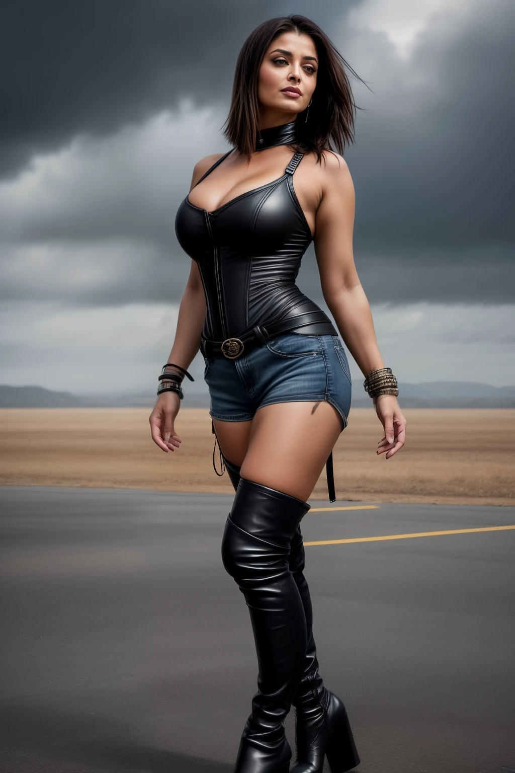 Full body photo of SEXY 50YO MATURE MILF AISHWARYA RAI as FITNESS MODEL, (((removing clothes))), ((black denim micro shorts with leather black mini corset)), ((knee high boots)), (((seductive posing in airstrip))), day scene, curvaceous mature hourglass figure, massive boobs with huge cleavage, look straight at camera, ((bob cut hair)), sexy 50 yo mature MILF, soft volumetric lights, intricate details, (ArtStation:1.2)