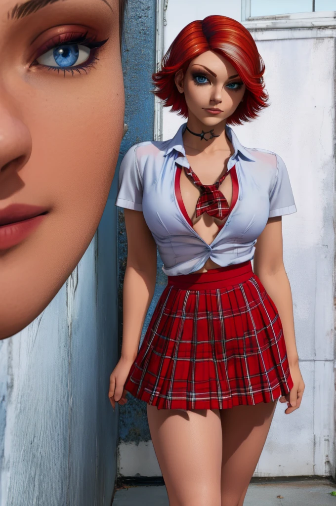 Joanna Dark,solo,short hair,blue eyes,red hair,1 girl, beautiful, masterpiece, hyper realistic, detailed, school uniform, white shirt, bra, red plaid miniskirt, fishnet thigh-highs, underwear (insanely detailed, beautiful detailed face, beautiful detailed eyes, masterpiece, best quality)