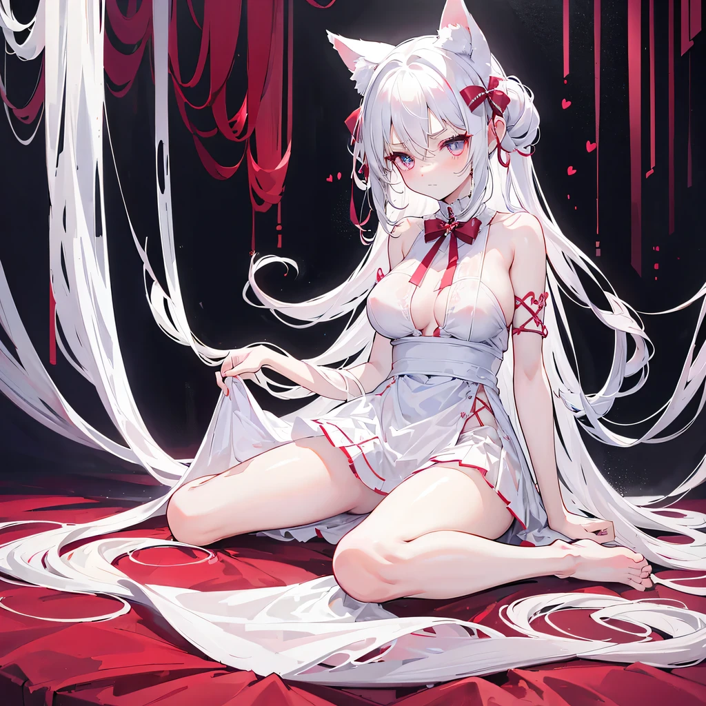 big breasts,Wearing maid outfit,blush, surprise,look at me,red pupils,Lace tights,beautiful hair、 beautiful eyes、 beautiful skin、beautiful legs、beautiful arms、perfect fingers、 very cute,white hair, long hair,white cat ears, white cat tail,best quality,high resolution,top quality、 looking at the audience,sitting,kneeling&Place on the bed,Knees together,internal figure eight,Beautiful girl alone,pink bows,slender eyebrows,hair slightly moist,On a very large white bed, white pillows,perfect waist,Skirt has cutouts at the end,Pouting,The clothes are a little wet,,very young,18 years old,shy smile,Long messy white hair tied up,tempting pose,chiaroscuro,bare shoulders,Naked room,slit sleeves,There are a few drops of water on the breast,bare legs,barefoot,Ray tracing,disdainful expression,Lift up the skirt a little,Most of the body is exposed,People focus