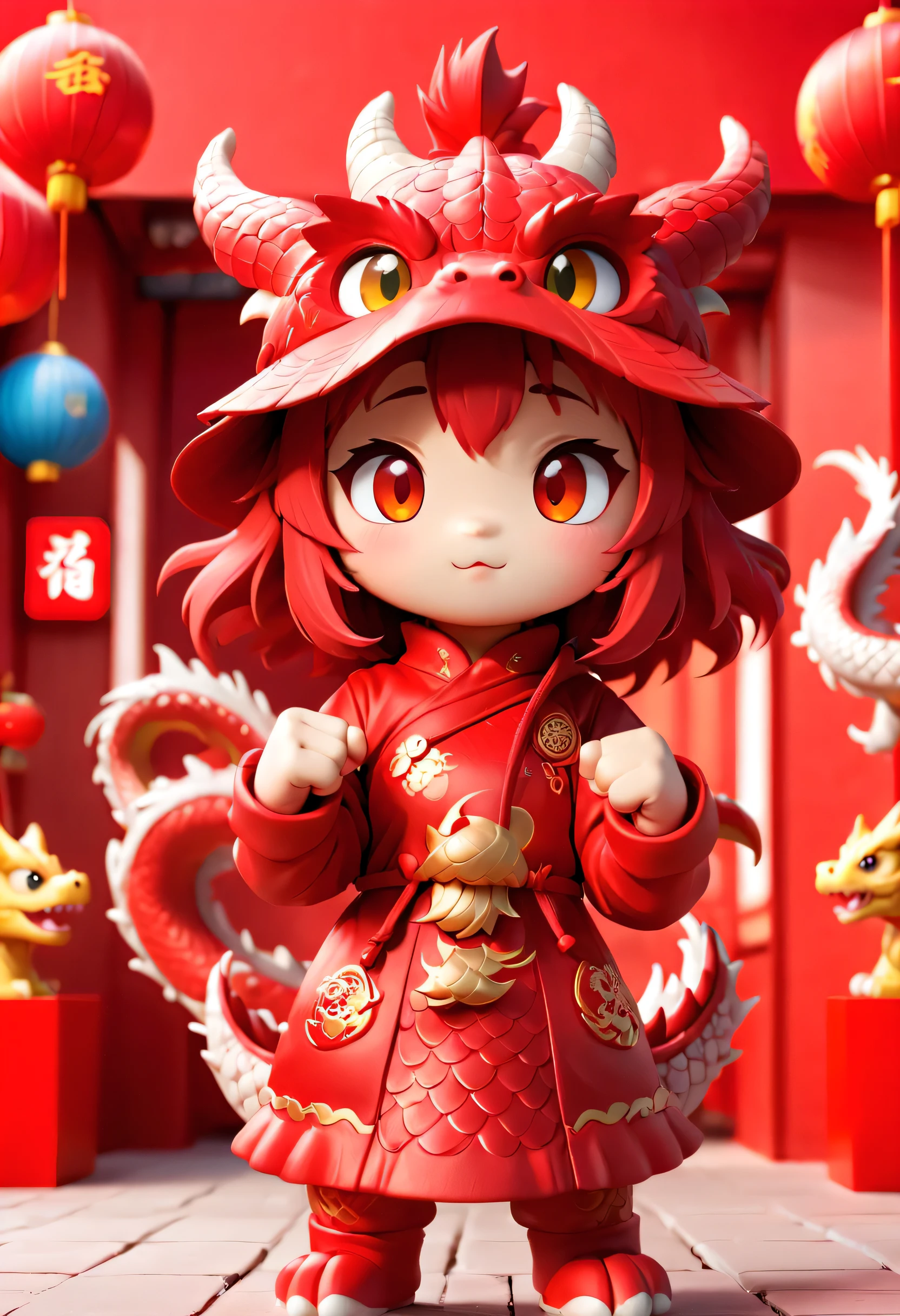 Super cute girl wearing a Chinese dragon hat, hands in fists, greeting the audience, bright eyes, red wall, Pop Mart blind box, 3D rendering, furry