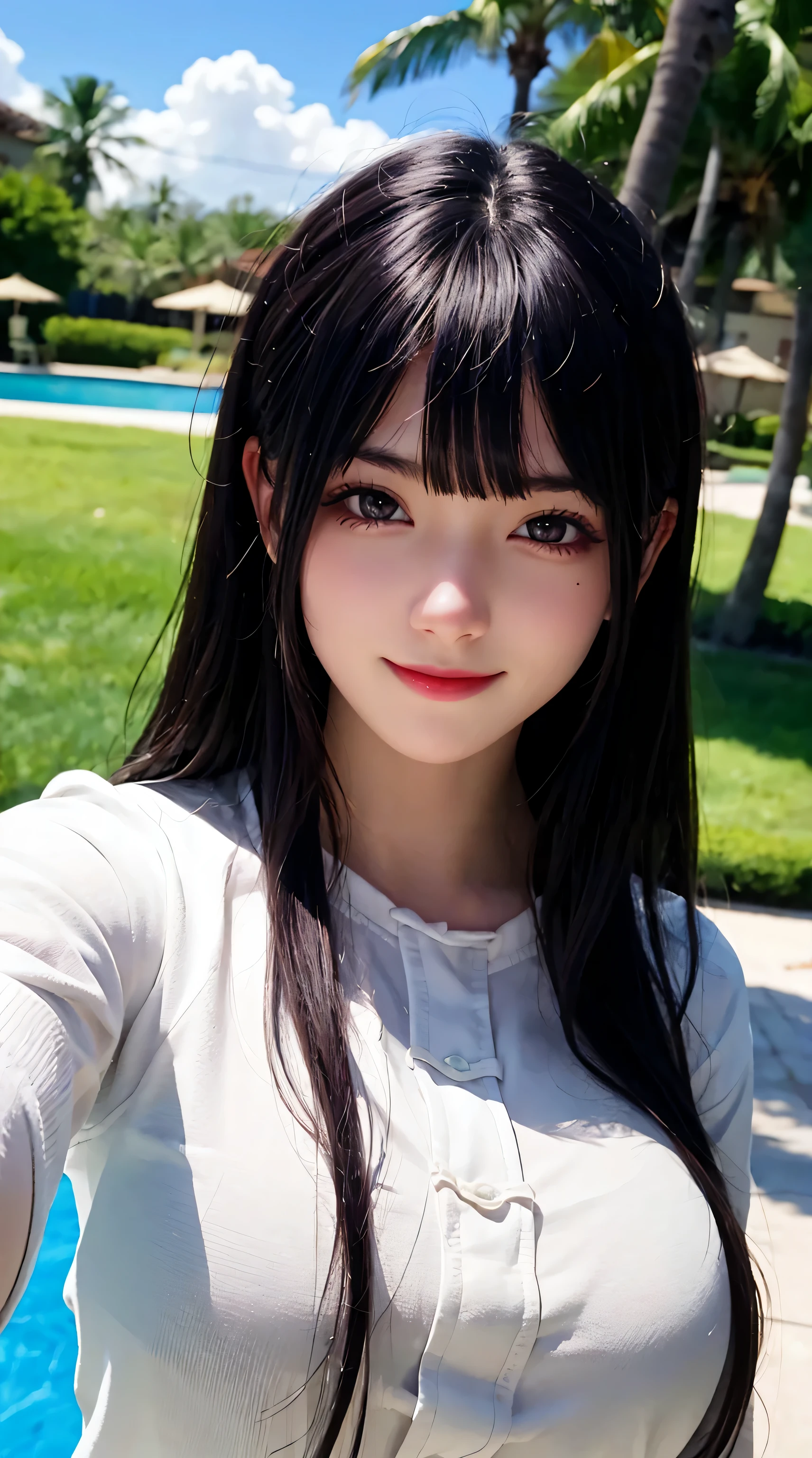 Beautiful woman、Kawaii Woman、About 20 years old、A detailed face、Detailed eyes、Detailed skin、detailed hairs、super realistic picture quality、An ultra-high picture quality、8K、Shy smile、Tomoyo Harada、Smiling、(A slightly longer face)、(white teeth smile), Fisheye, ((Selfie)), Wind, hair messy, Sunset, Cityscape, (Aesthetics and atmosphere:1.2)、
