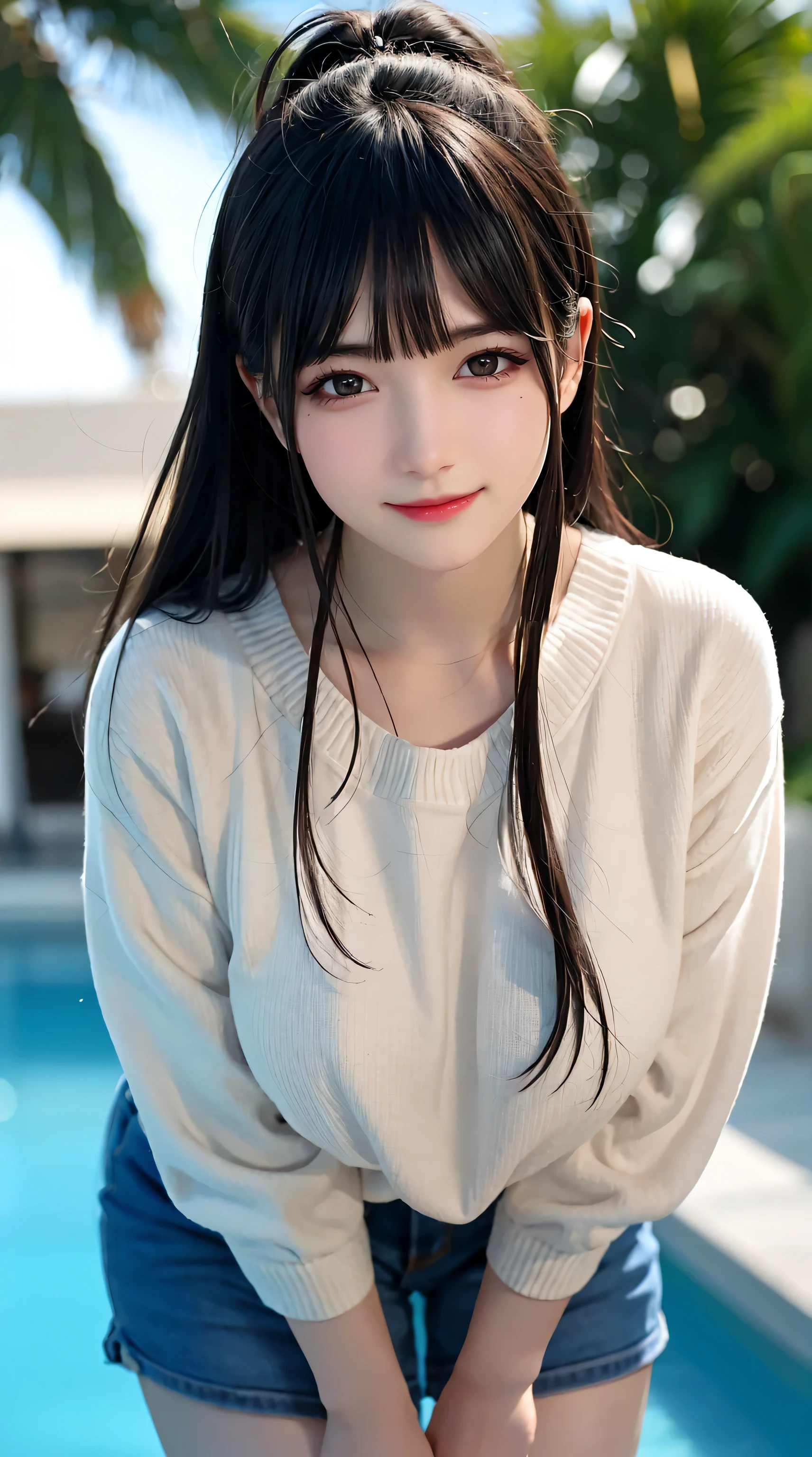 PureErosFace_V1, 最佳质量, pphotorealistic, 8K, high resolucion, 1girl huge large breasts, perverted woman, (skin dent), (sportrait:0.6), gorgeou, dynamicpose, ((poolsidebackground:1.6)), coconut palms, ((mediumsize roundbreast,white highnecksweater:1.4)), looking directly at the viewer:1.8, (1 girl looks at the audience with eyes, medium lenght hair, black har, Separate bangs:1.65), (Bokeh), Smile with:1.2, (closed mouths:1.16),