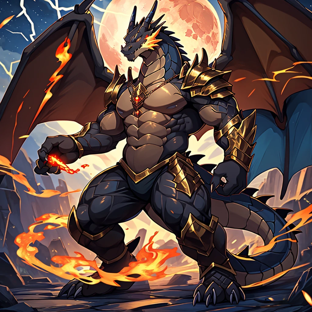 (The violent and powerful Black Dragon King is possessed by the black and gold magic armor，The black-gold magic armor completely controls the huge Black Dragon King：85)，(Broad dragon body，Strong build，majestic wingspan，Sharp and huge dragon claws，thick dragon tail：2)，The crotch is moist，Dragon legs are bent，(blue dragon flame，golden thunder and lightning：2)，blood moon，overwhelming sense of presence，full body picture，Very detailed，4K HD