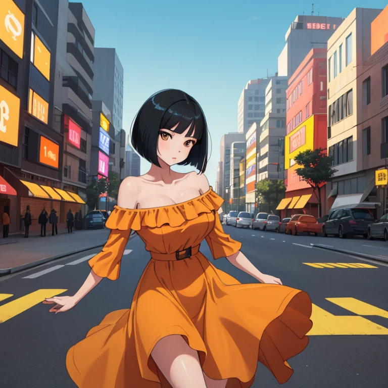 a woman posing on the street corner with orange dress on, best quality, 1 girl, large breast, day, bright, blur background, outdoor, (street:0.8), (off-shoulder dress:1.2), gorgeous, beautiful detailed sky, (dynamic pose:1.2), (black hair:1.2), (bob cut:1.2), soft lighting, shiny skin, (upper body:0.8), City background
