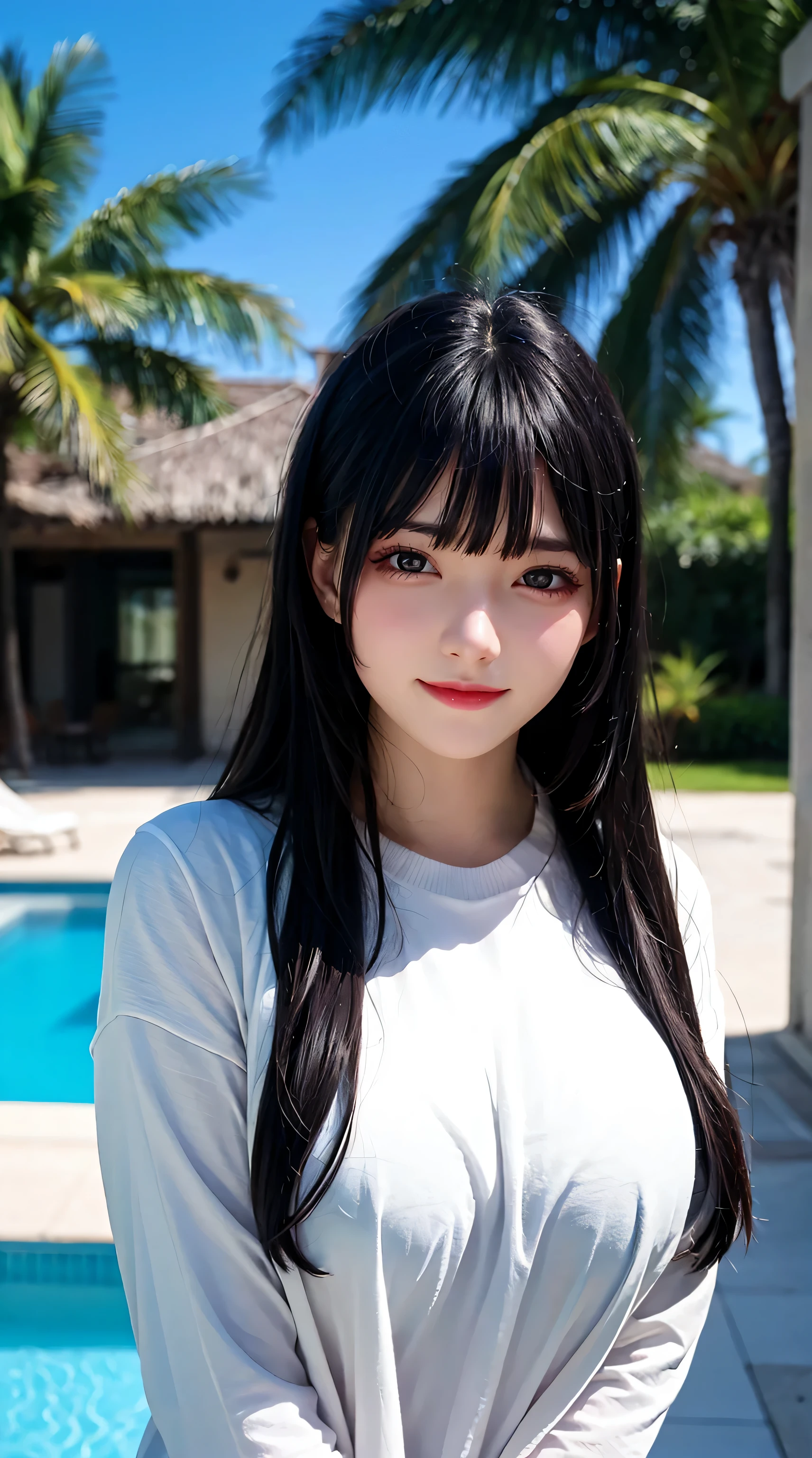 PureErosFace_V1, 最佳质量, pphotorealistic, 8K, high resolucion, 1girl huge large breasts, perverted woman, (skin dent), (sportrait:0.6), gorgeou, dynamicpose, ((poolsidebackground:1.6)), coconut palms, ((mediumsize roundbreast,white highnecksweater:1.4)), looking directly at the viewer:1.8, (1 girl looks at the audience with eyes, medium lenght hair, black har, Separate bangs:1.65), (Bokeh), Smile with:1.2, (closed mouths:1.16),