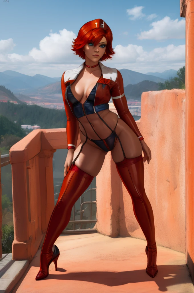 Joanna Dark,solo,short hair,blue eyes,red hair,detailed, beautiful, cute, full body shot, scenic view, professional photo orange nurse cap, ??????, thigh-highs. heels, ?????? zipper