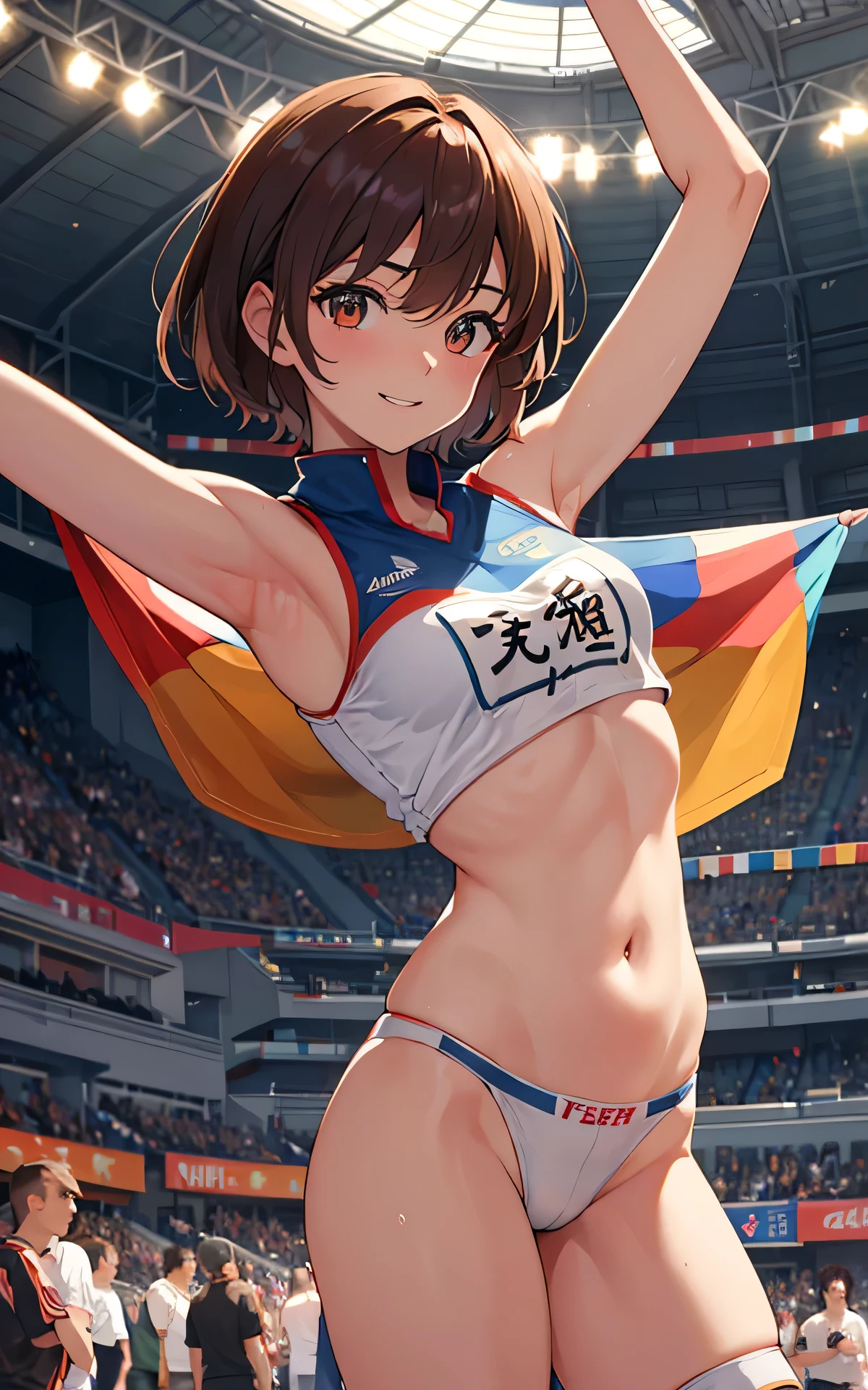 Unity 8K Wallpaper, Masterpiece, Best Quality, Ultra Detailed, Extremely Detailed CG, Ultra High Resolution, Caustics, Detailed, Beautiful Detailed Eyes, solo, (arms raised in the air, portrait:1.3, athletics stadium, feminine muscles, japanese woman:1.3, separate, bloomers ,show off belly), smile, brown eyes, dark red hair, short hair,