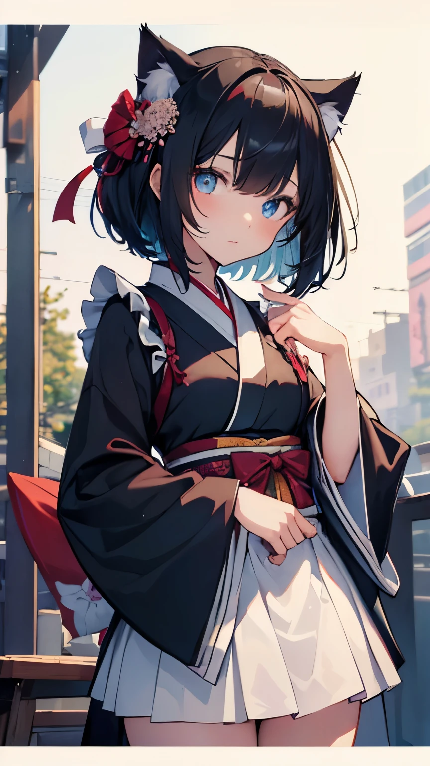 ((masterpiece:1.4、highest quality:1.2))、1 girl、solo focus、delicate face、Highly detailed anime faces and eyes、(conversion sequence)、Slender Beautiful Girl,black hair,short hair,Bob Heyer,bob cut,straight hair,((Blue right eye,red left eye),(odd eye,Eyes of different colors on the left and right))cat eyes,Black cat ears,Nekomimi,cat tail,Bad mood,small breasts,Japanese style maid,frills,kimono
