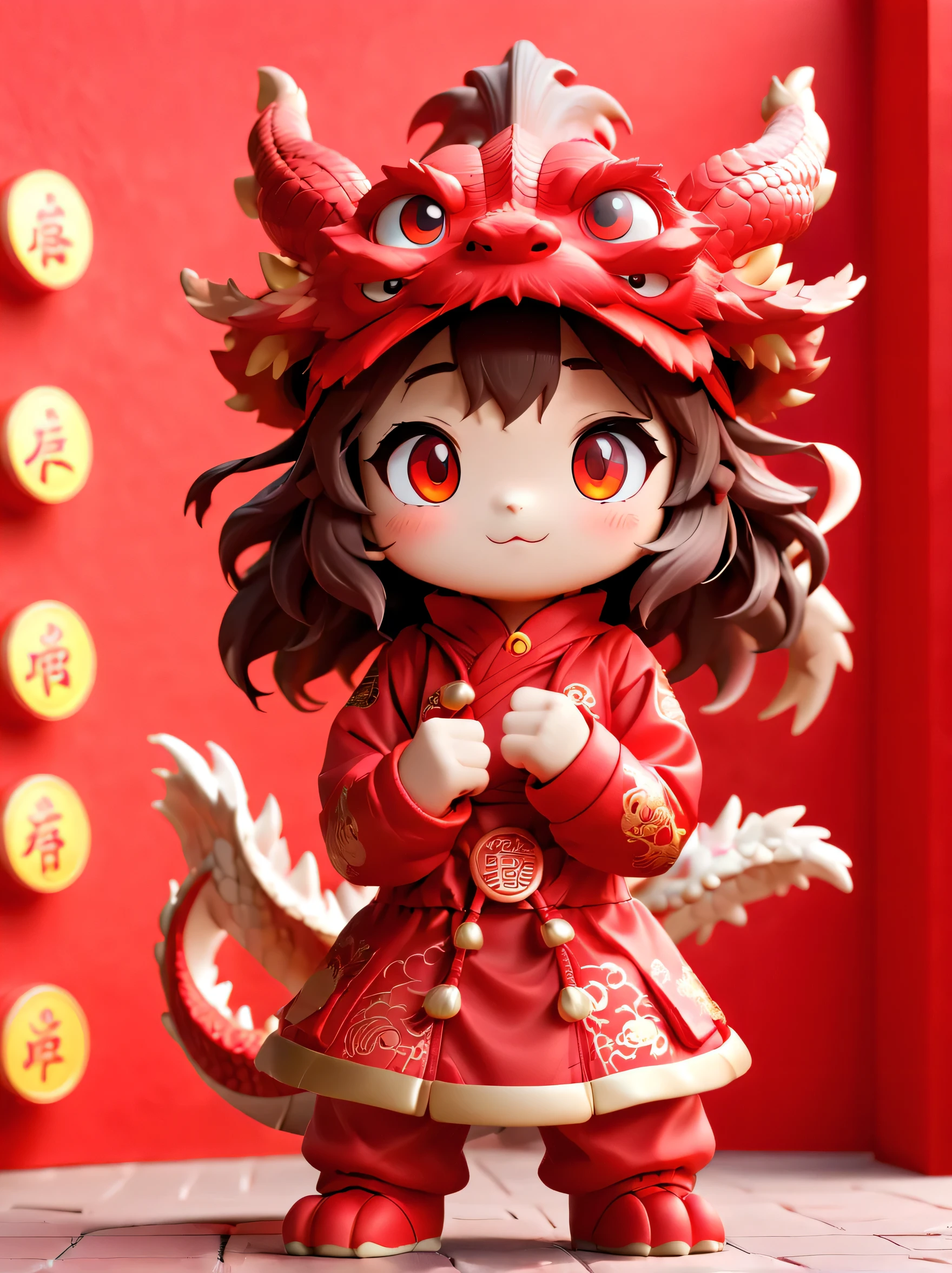 Super cute girl wearing a Chinese dragon hat, hands in fists, greeting the audience, bright eyes, red wall, Pop Mart blind box, 3D rendering, furry