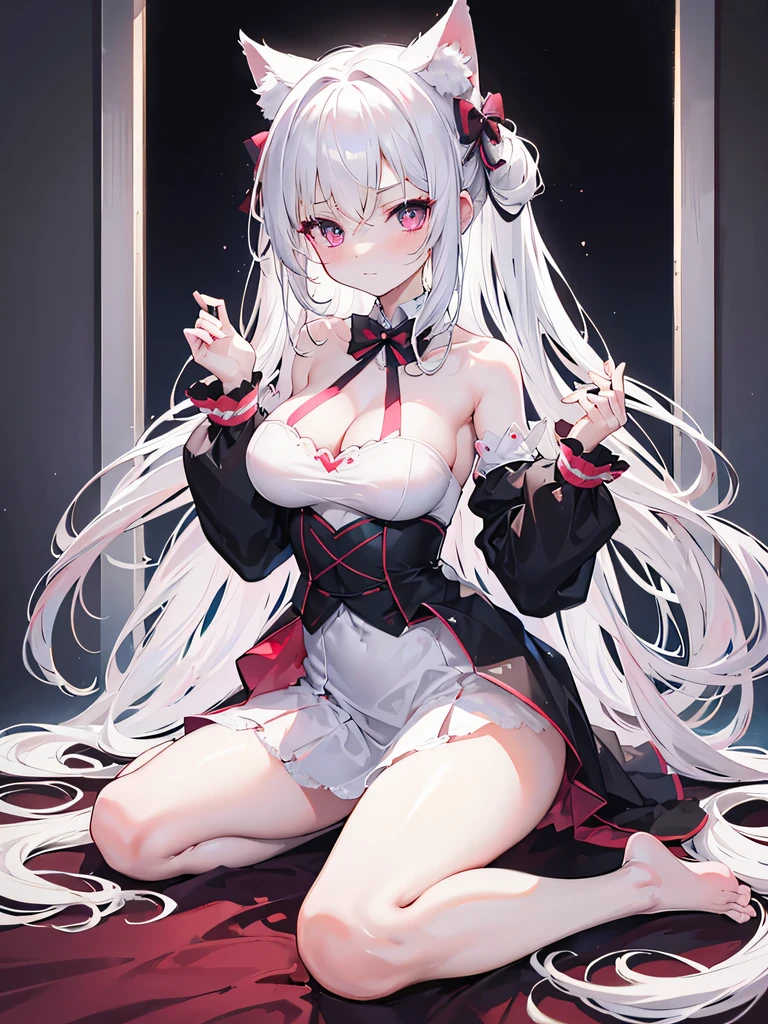 big breasts,Wearing maid outfit,blush, surprise,look at me,red pupils,Lace tights,beautiful hair、 beautiful eyes、 beautiful skin、beautiful legs、beautiful arms、perfect fingers、 very cute,white hair, long hair,white cat ears, white cat tail,best quality,high resolution,top quality、 looking at the audience,sitting,kneeling&Place on the bed,Knees together,internal figure eight,pink bows,slender eyebrows,hair slightly moist,On a very large white bed, white pillows,perfect waist,Skirt has cutouts at the end,Pouting,The clothes are a little wet,,very young,18 years old,shy smile,Long messy white hair tied up,tempting pose,chiaroscuro,bare shoulders,Naked room,slit sleeves,There are a few drops of water on the breast,bare legs,barefoot,Ray tracing,disdainful expression,Lift up the skirt a little,Most of the body is exposed,Beautiful girl alone,Pushed on the bed