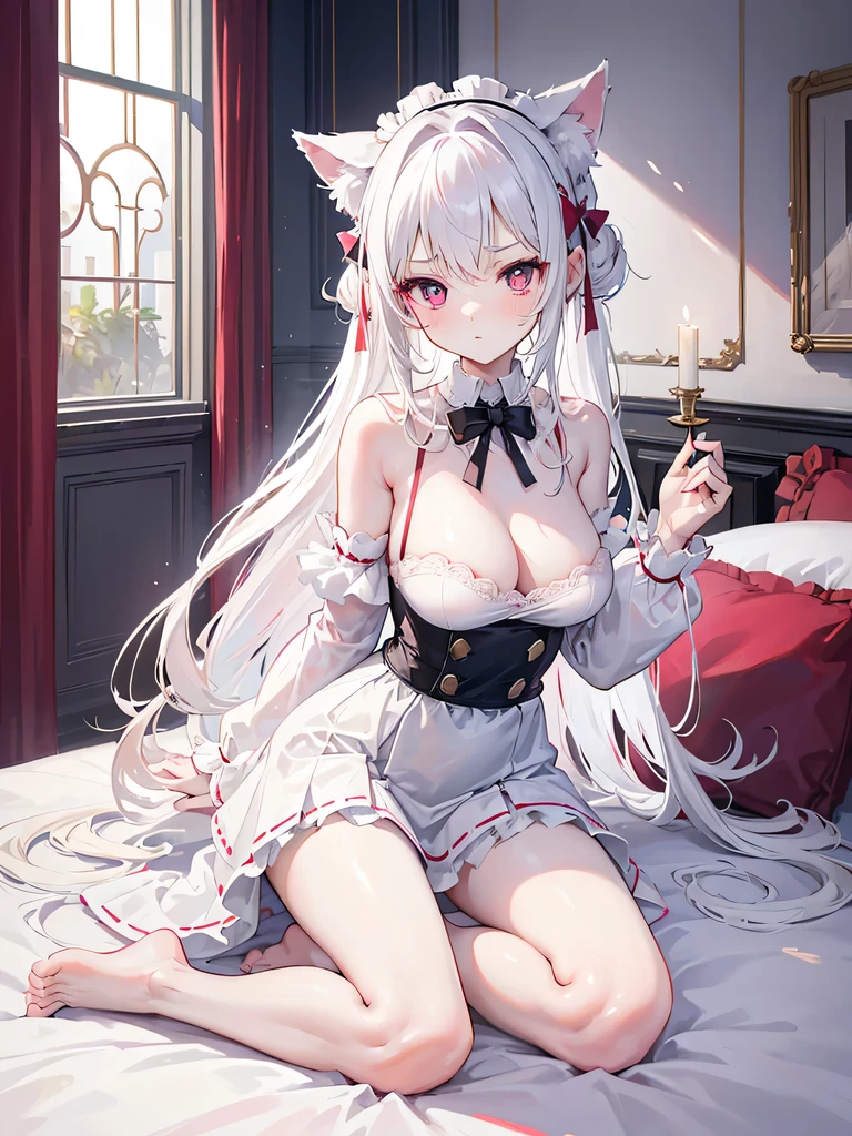 big breasts,Wearing maid outfit,blush, surprise,look at me,red pupils,Lace tights,beautiful hair、 beautiful eyes、 beautiful skin、beautiful legs、beautiful arms、perfect fingers、 very cute,white hair, long hair,white cat ears, white cat tail,best quality,high resolution,top quality、 looking at the audience,sitting,kneeling&Place on the bed,Knees together,internal figure eight,pink bows,slender eyebrows,hair slightly moist,On a very large white bed, white pillows,perfect waist,Skirt has cutouts at the end,Pouting,The clothes are a little wet,,very young,18 years old,shy smile,Long messy white hair tied up,tempting pose,chiaroscuro,bare shoulders,Naked room,slit sleeves,There are a few drops of water on the breast,bare legs,barefoot,Ray tracing,disdainful expression,Lift up the skirt a little,Most of the body is exposed,Beautiful girl alone,Pushed on the bed