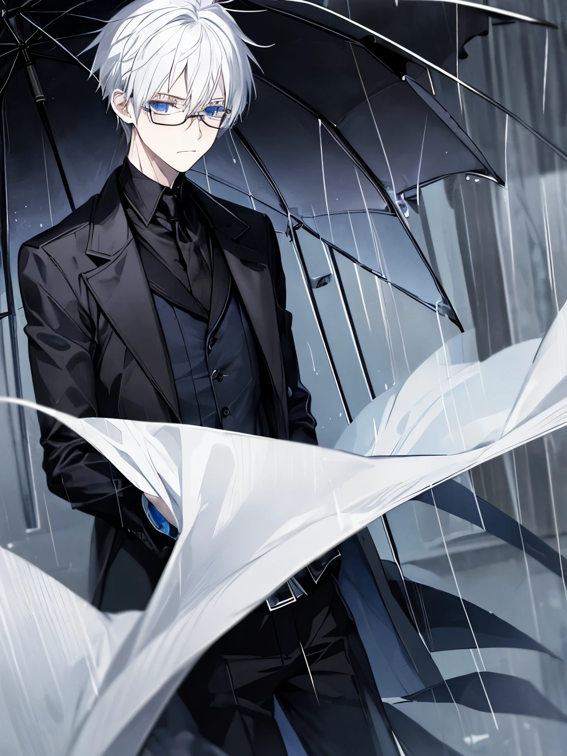 White hair, glasses, blue eyes, raining, depressed, emotionless, staring coldly, shiny eyes, boy, black clothes