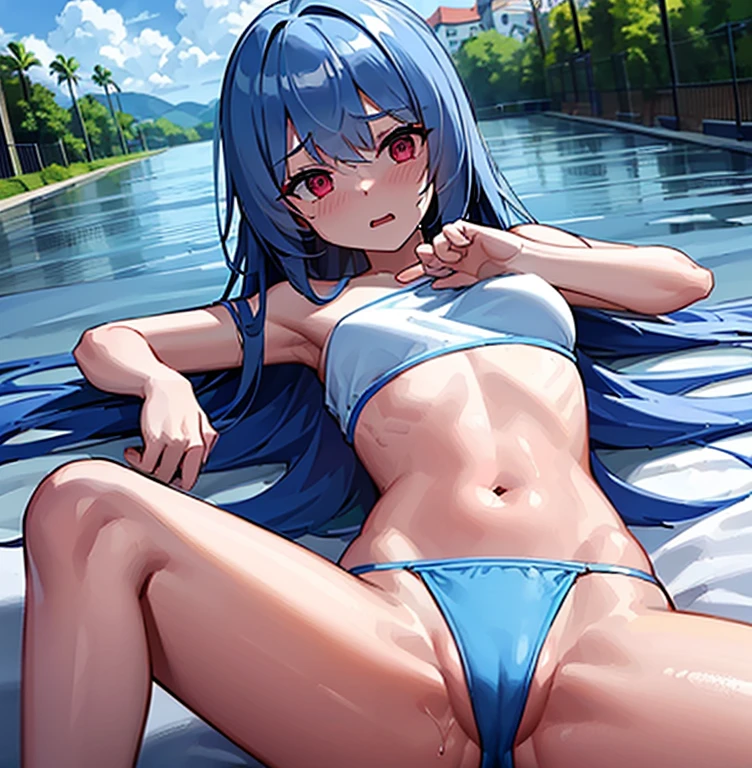 (masterpiece, best quality）a girl，enjoy，Water spurts from crotch（（spread legs)）），blush，（（Completely pure white bikini）），Sweated a lot，Bikini half-covered，small breasts，Lying on a pure white bed，detail，（Completely soaked，completely wet），Awkward，surprise，Extreme shyness，doubt