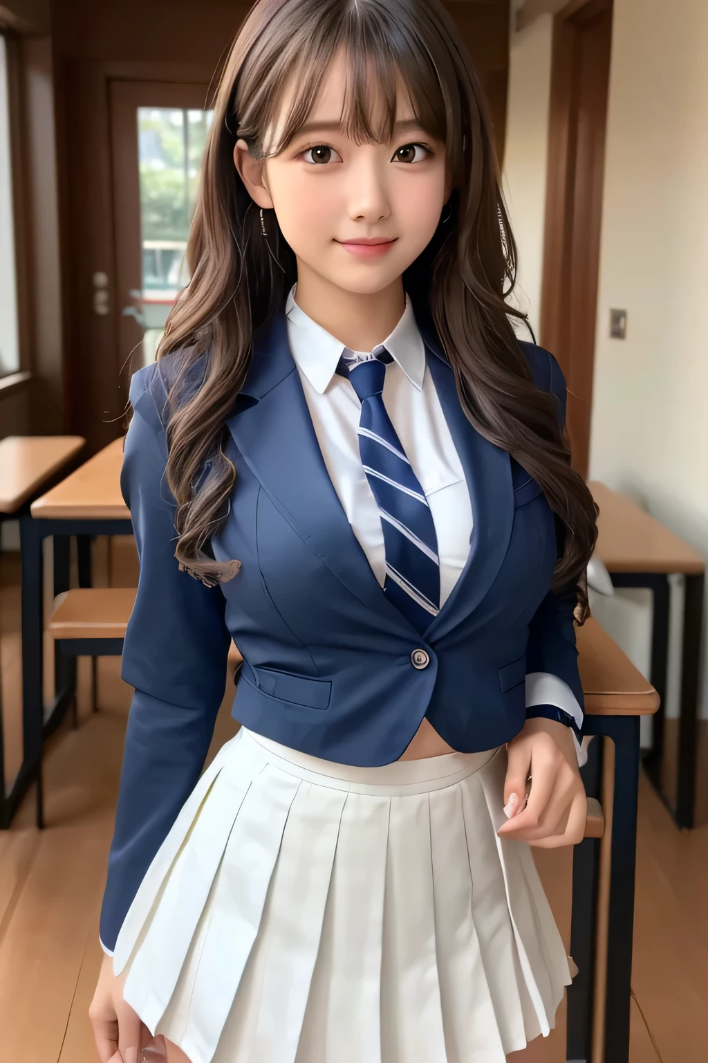 8K, highest quality, real image, intricate details, super detailed, Super high resolution, depth field,(realistic,realistic:1.2),table top , Frontal shot , From the middle , 1 girl, Eye_Chan, very beautiful 17 year old girl, innocent big eyes,、beautiful breasts:1.5、highly detailed eyes:1.2)、(beautiful breasts:1.1)、wavy hair、curly hair、bangs、, perfect skin, Fair skin, cleavage, tight waist, huge breasts、light blush, alone、 (looking at the viewer)、light smile、((School_uniform),(dark blue blazer), (white shirt、Wearing a tie), (gray pleated skirt), (sculpture installation :1.1))、High School Hallway
