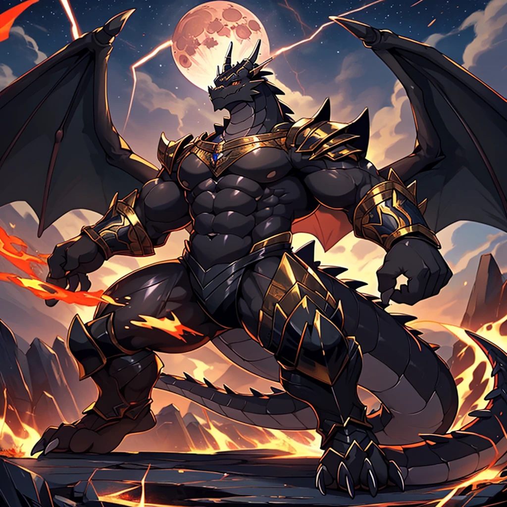 (The violent and powerful Black Dragon King is possessed by the black and gold magic armor,The black-gold magic armor completely controls the huge Black Dragon King:95),(Broad dragon body,Strong build,majestic wingspan,Sharp and huge dragon claws,thick dragon tail:2),The crotch is moist,Dragon legs are bent,(black dragon flame,Black thunder and lightning:2),blood moon,overwhelming sense of presence,full body picture,Very detailed,4K HD