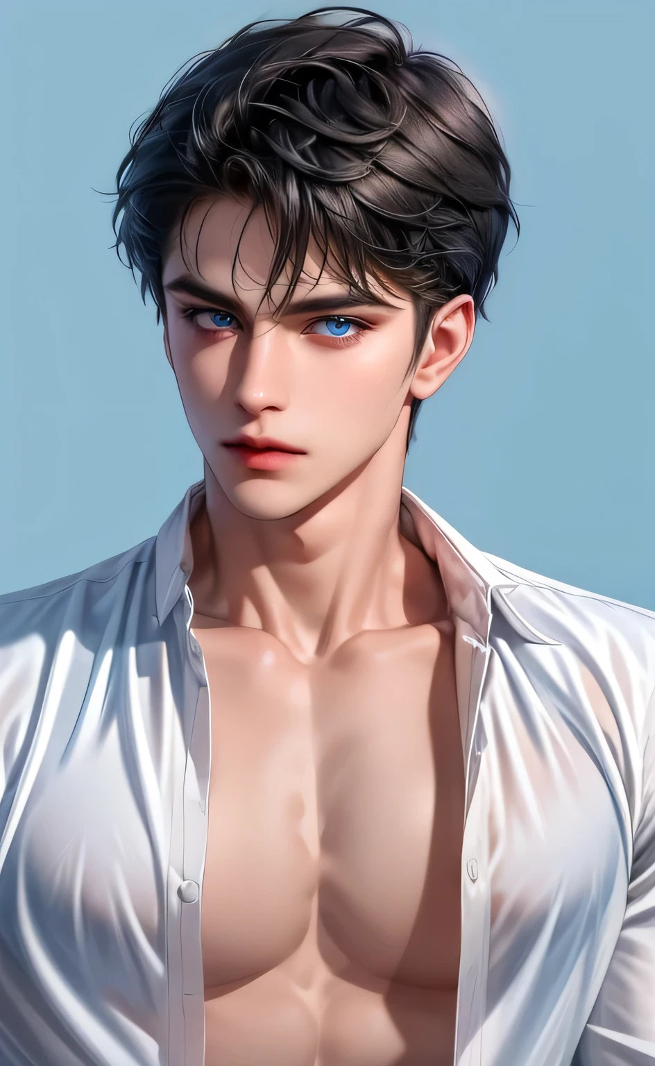 (masterpiece,best quality,ultra_detailed,highres,absurdres),1 mature male, 30-ish, (wide shoulder), ((no chest hair)), male focus, solo, short black Quiff hair with Soft Fringe (bangs part on side 3:7 ratio), simple background, blue eyes, upper body, short hair, looking at viewer, parted lips, round eyewear, wet hair, open  shirt, long sleeves, showing a bit of muscles, bedroom background.