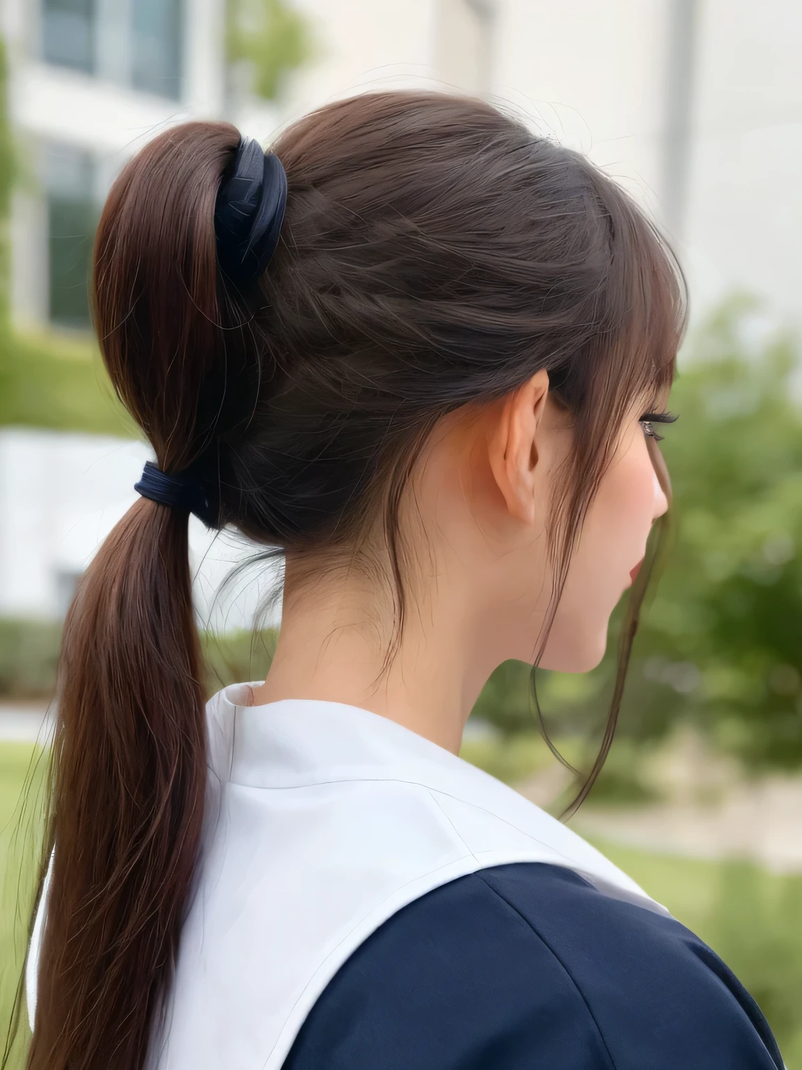 highest quality,High resolution, 8K, cute teenage girl,Cute ponytail,perfect skin,big breasts,japanese sailor suit、Super close-up of the sexy nape from directly behind、Close-up of the nape from directly behind