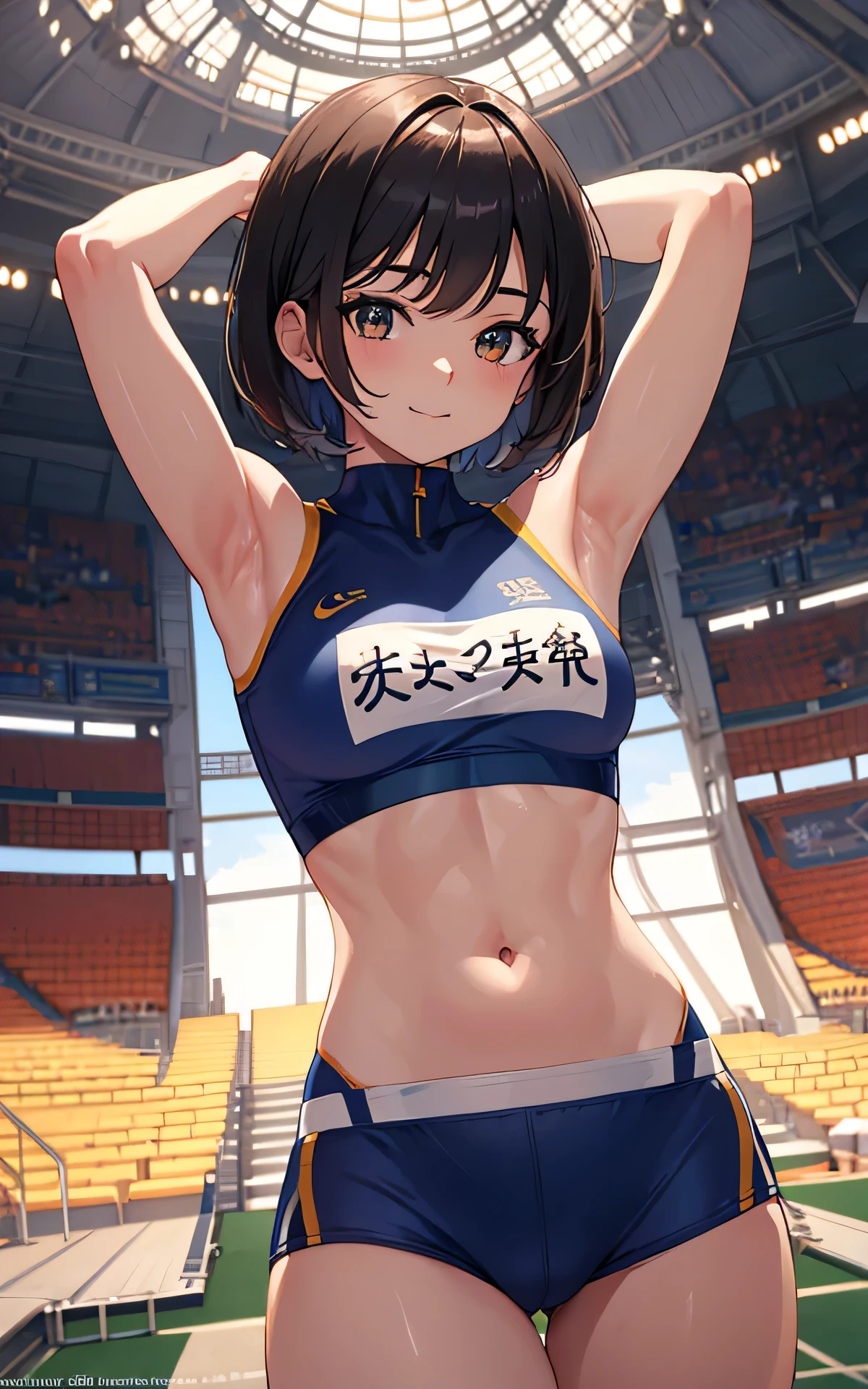 Unity 8K Wallpaper, Masterpiece, Best Quality, Ultra Detailed, Extremely Detailed CG, Ultra High Resolution, Caustics, Detailed, Beautiful Detailed Eyes, solo, (arms raised in the air, portrait:1.3, athletics stadium, feminine muscles, japanese woman:1.3, separate, bloomers ,show off belly), smile, brown eyes, dark blue hair, short hair,
