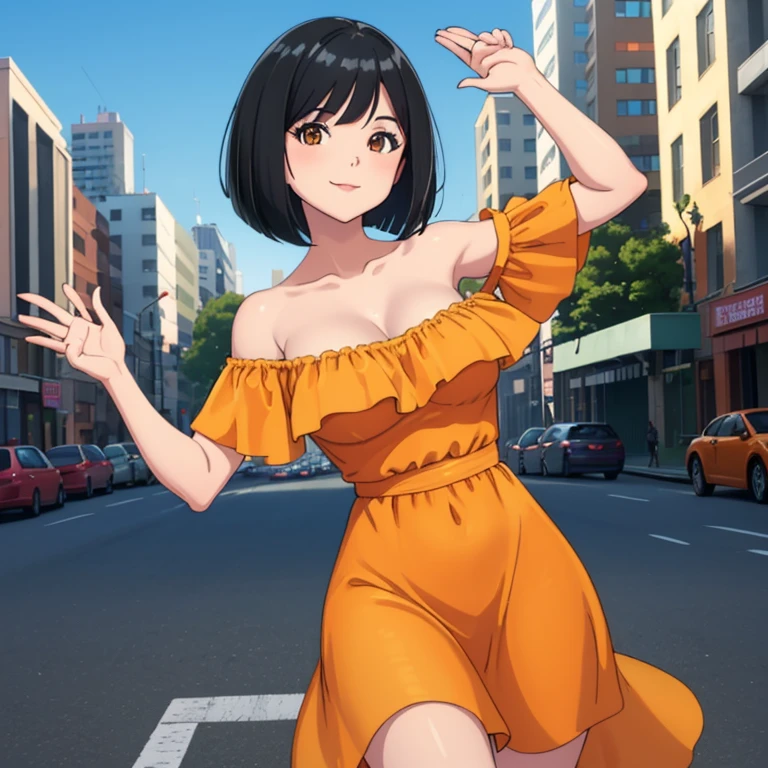 a woman posing on the street corner with orange dress on, best quality, 1 girl, large breast, bare shoulders, bare arms, day, bright, blur background, outdoor, (street:0.8), (off-shoulder dress:1.2), gorgeous, beautiful detailed sky, (dynamic pose:1.2), (black hair:1.2), (bob cut:1.2), soft lighting, smile, shiny skin, (upper body:0.8), City background